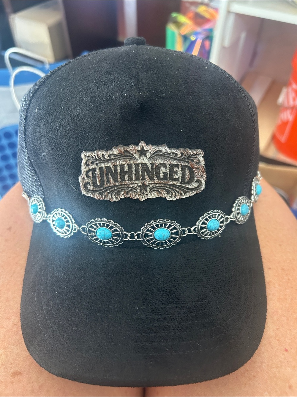 Women's Black Hat with Turquoise Concho Chain